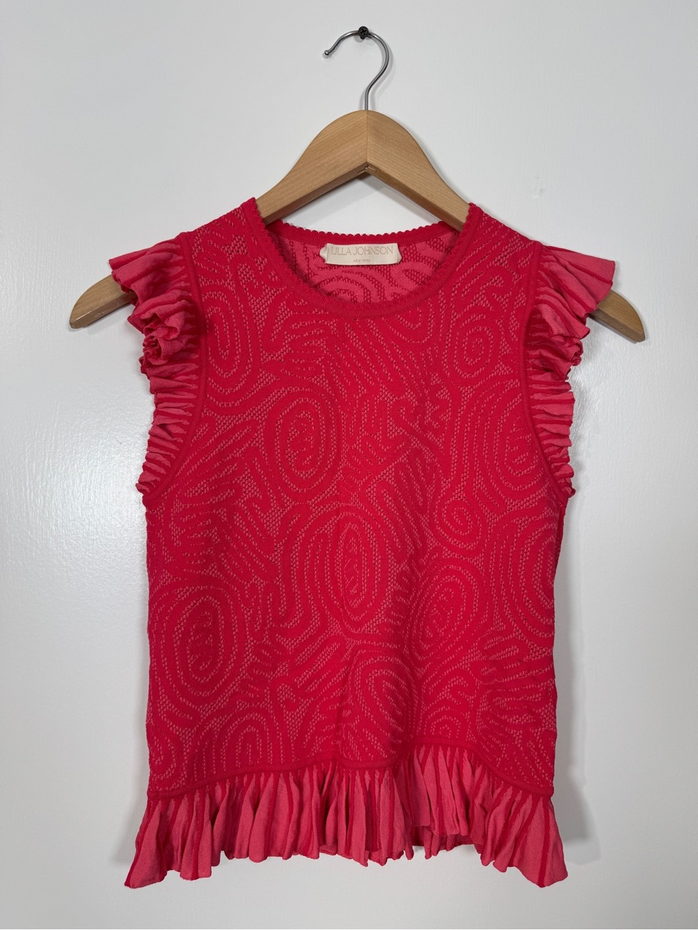 WSH163 {Ulla Johnson} Coral Pink Seersucker Textured Ruffle Hem Top Blouse Shirt